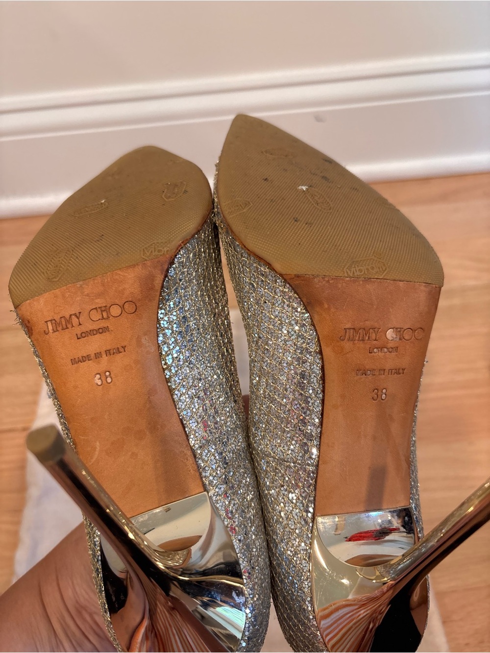 Jimmy Choo 100mm Abel Glitter Pointed Toe Pumps Heels Gold/Silver Champagne sz38 - Picture 10 of 13